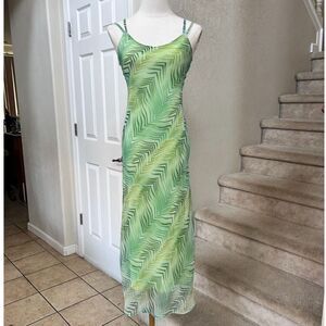 Y2K Green Multi-Color Sheer Printed Overlay Spaghetti Strap Midi Slip Dress